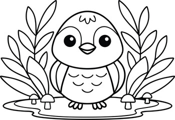 Cute Outlined Cartoon Bird Surrounded By Foliage And Mushrooms on Transparent
