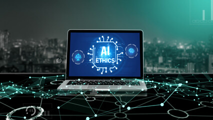 AI ethics responsibility standard law and rules on computer screen provide report of AI ethic...