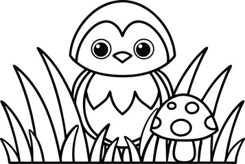 Cartoon Chick Outlines in Grass with Mushroom Simple Black Line Art Design