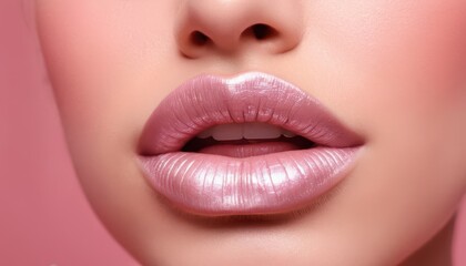 Obraz premium Close-up of Voluminous, Shimmering Pink Lips A Beauty and Makeup Masterpiece