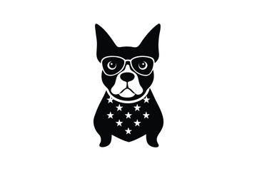 Silhouette art illustration of a dog wearing star sunglass and a flag bandana in front view.eps