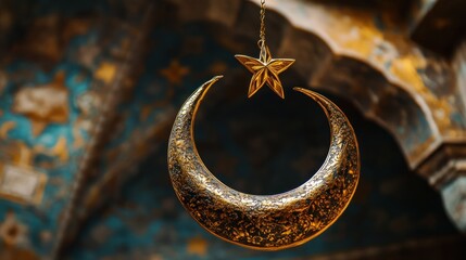 Ornate Golden Crescent Moon and Star: An Intricate, Richly Detailed Ornament