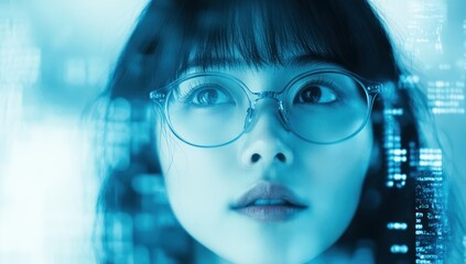 Woman with glasses looks up with blue digital overlay futuristic technology.