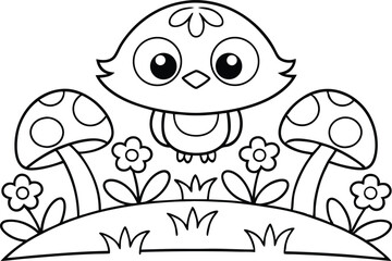 Cute Cartoon Owl with Mushrooms and Flowers Outline on White Background