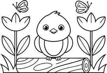 Cute Outline Bird Perched on Log With Tulips and Butterflies Decoration