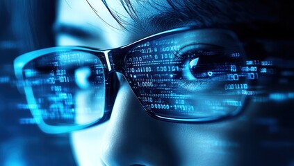 Woman wearing glasses with digital code reflecting in lenses futuristic technology concept.