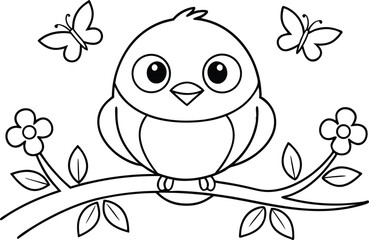 Bird on Branch With Flowers and Butterflies Outline Style