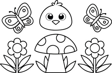 Cartoonish Drawing of Cute Bird, Flowers, Butterflies and Mushroom in Black Outline