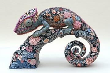 Fototapeta premium Detailed Chameleon Sculpture on Floral Rock, Studio Setting