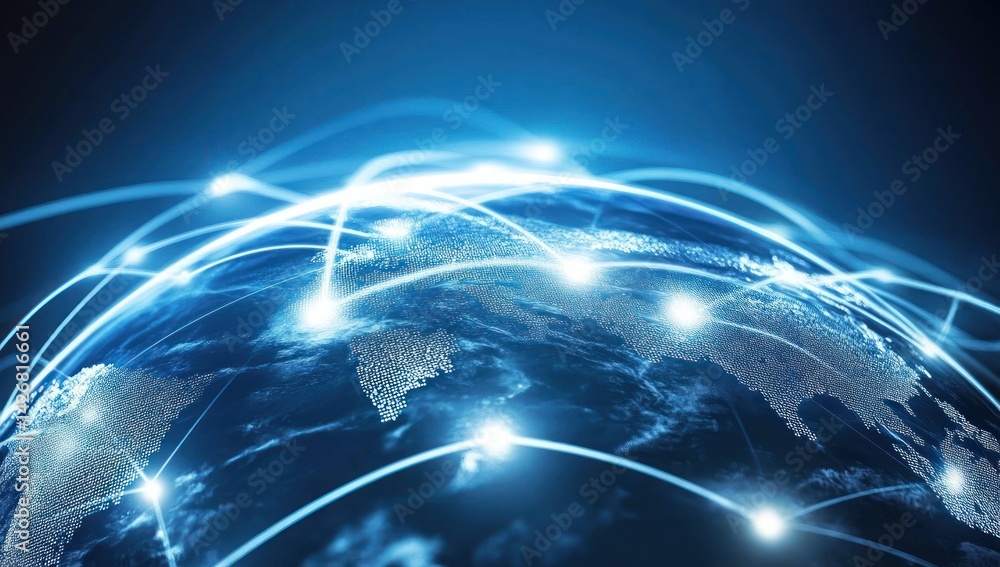 Poster globe with interconnected network lines representing global communication or data transfer.