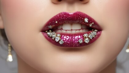 Close-up of woman's lips adorned with sparkling crystals and rich burgundy lipstick, creating a glamorous and luxurious aesthetic.
