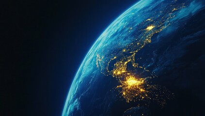 Obraz premium Earth view from space showing city lights at night against a dark background.
