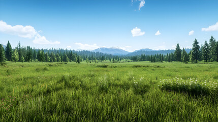 Naklejka premium Vast Green Meadow With Distant Forest And Mountains Under Sunny Sky