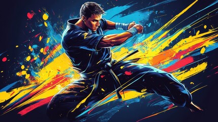 A handsome anime martial artist strikes a dynamic karate pose, showcasing his strength and discipline.