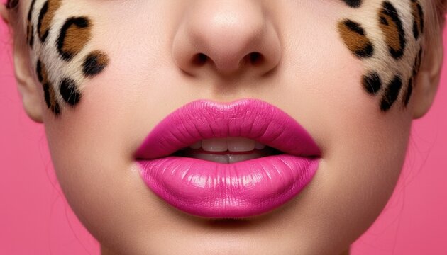 Stunning Close-up of a Woman's Face with Leopard Print Makeup, Pink Lips, and a Bold Beauty Look