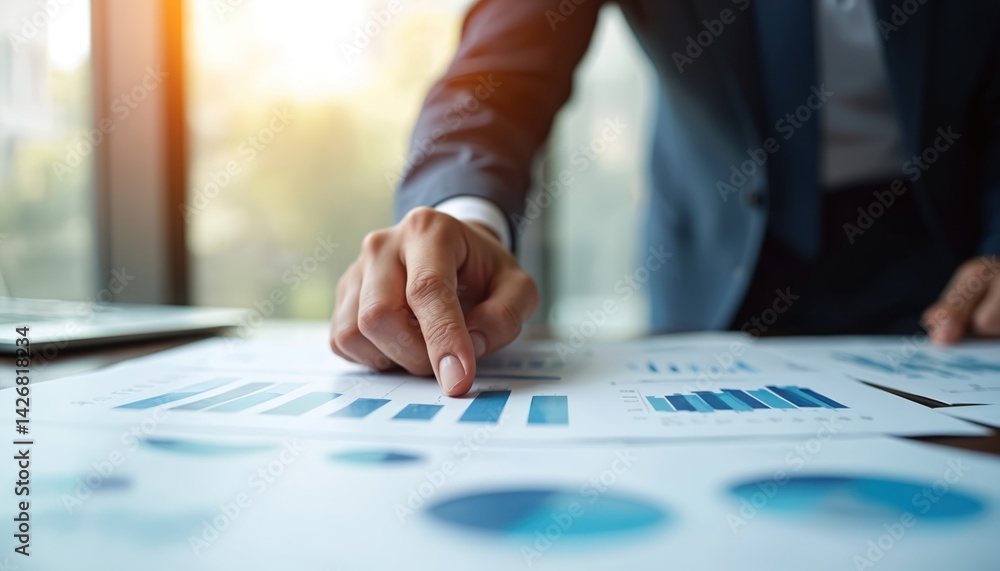 Aufkleber business man hand points document charts graphs. financial analyst reviews report, analyzing data, b