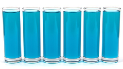 Six cylindrical glasses filled with vibrant turquoise liquid, arranged in a row against a white background