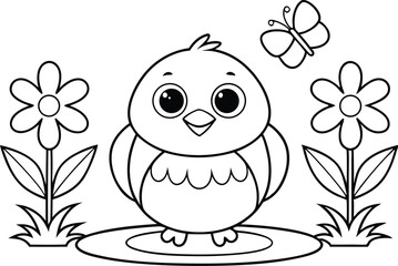 Black and White Chick Cartoon Surrounded by Flowers and Butterfly Line Art