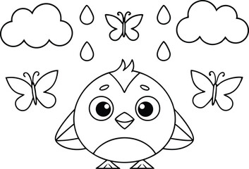 Outlined Round Bird with Clouds, Raindrops, and Butterflies on White Background