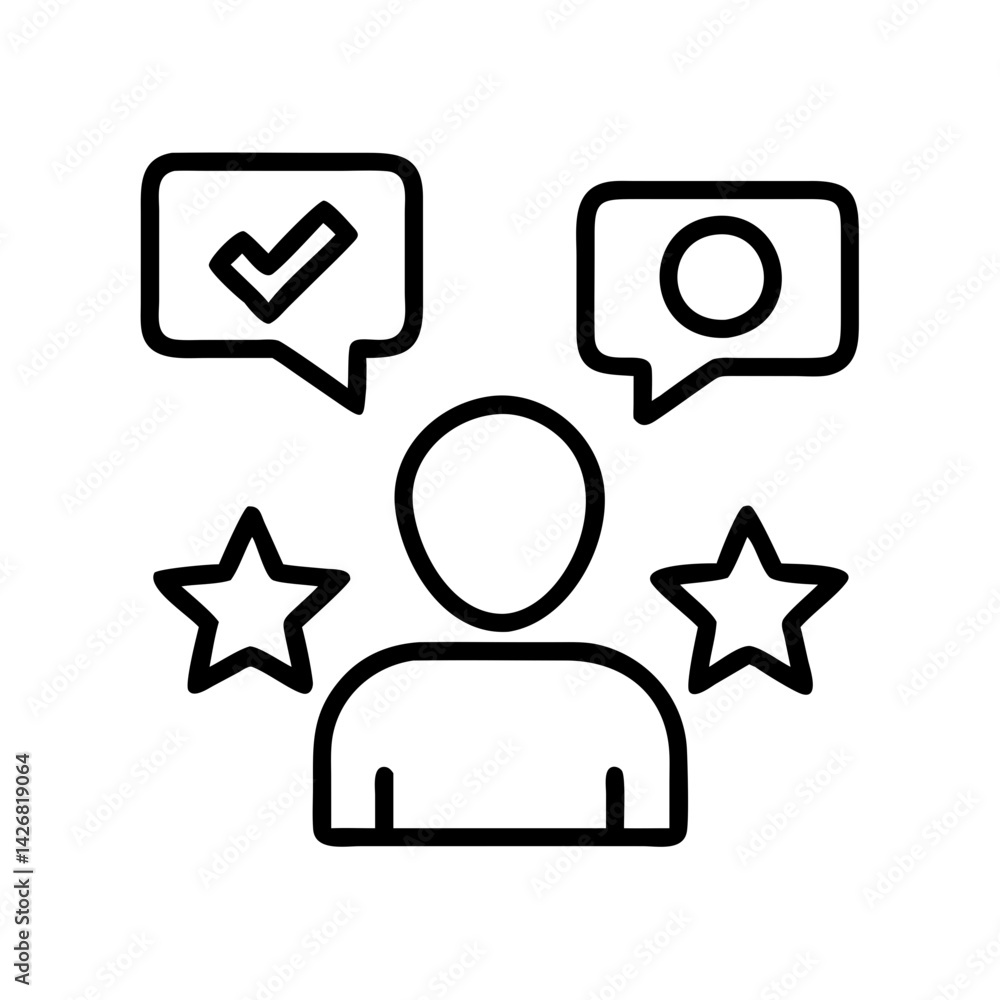 Poster user feedback review rating star checkmark circle speech bubble customer satisfaction experience ico