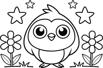 Outlined Cartoon Bird Surrounded by Flowers and Stars on White Background