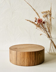 Round wooden podium with dried flowers in a glass vase against a textured wall