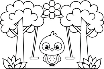 Outline Bird and Swing in Trees Illustration, Forest Landscape, Flower Element