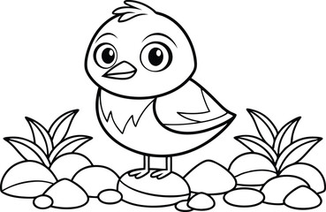 Cartoon Baby Chick Standing on Stones Outline with Foliage Coloring Page Art