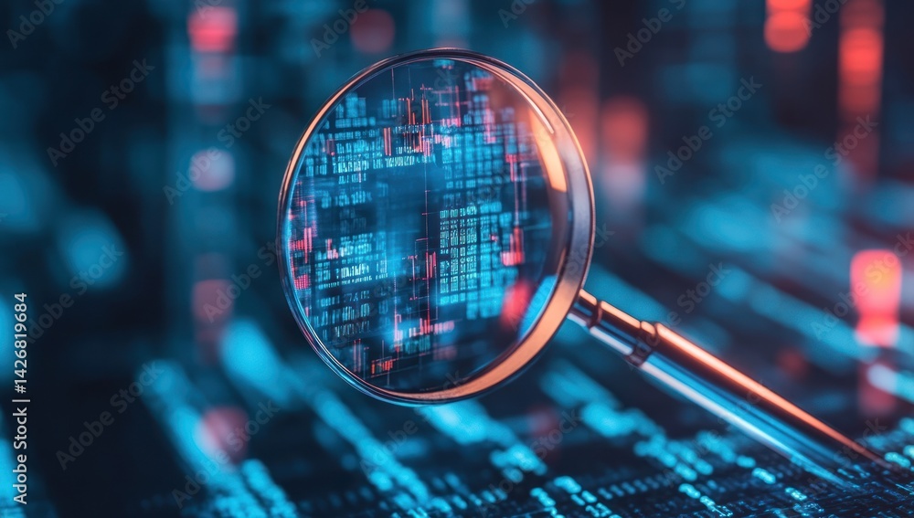 Poster magnifying glass over keyboard shows circuit board pattern with blue and red lights.