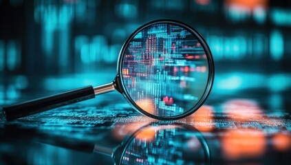 Magnifying glass over digital screen with abstract data and reflections.