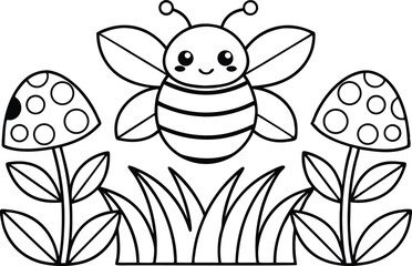 Line Art Bee and Mushrooms Cartoon with Smile, Transparent Background