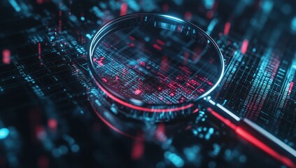 Magnifying glass over abstract circuit board with blue and red light effects.