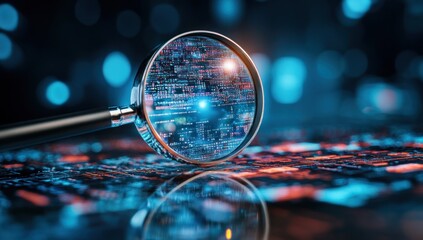 Magnifying glass over circuit board with blue and orange lights reflecting.