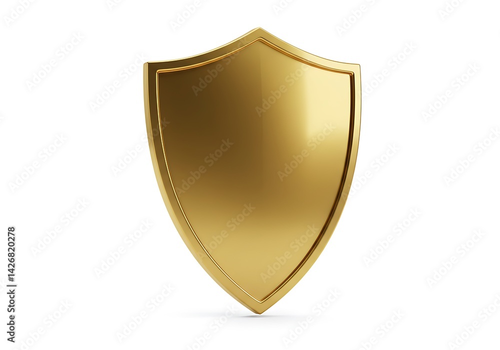 Poster a shiny golden shield standing upright on a white surface in a studio environment setting shot