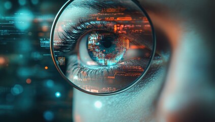 Eye viewed through magnifying glass with digital code overlayed futuristic technology.