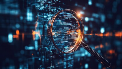 Magnifying glass focuses on digital data stream blue and orange abstract background.