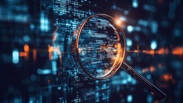 Magnifying glass focuses on digital data stream blue and orange abstract background. - Powered by Adobe