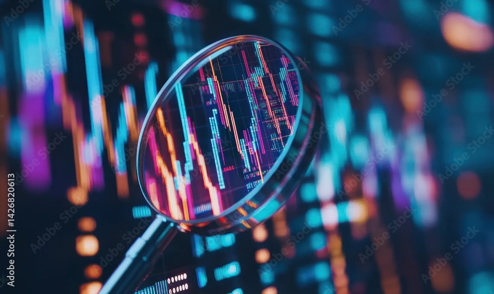 Poster magnifying glass focuses on a graph with blue and red lines on screen.