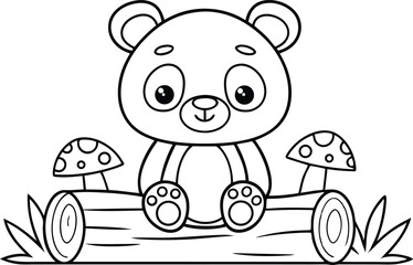 Outline Panda Sitting on Log with Mushrooms Line Art on Transparent Background