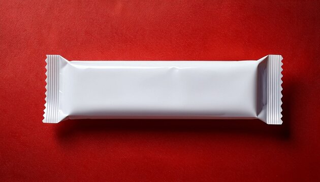  Blank snack bar mockup with realistic falling shadow. Snack bar or candy wrapper white plastic blank mockup, red background