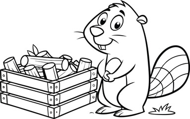 Smiling Cartoon Beaver with Wood Crate Outlines on Transparent Background