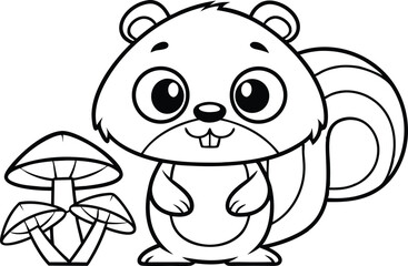 Cute Beaver Standing near Mushrooms Cartoon Outline on Transparent Background