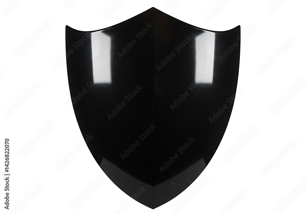 Poster a glossy black shield with a pointed bottom isolated on a white background with light reflections