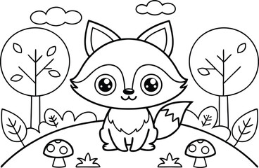 Cartoon Fox Sitting on Hill with Mushrooms, Trees, and Clouds Outline Style