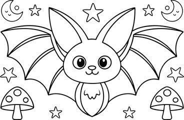 Outlined Bat with Wings, Sleeping Moon, Stars and Mushrooms in Black and White
