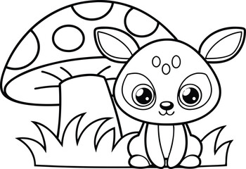 Cute Fawn Sitting near Spotted Mushroom in Grass, Outline Cartoon with Big Eyes