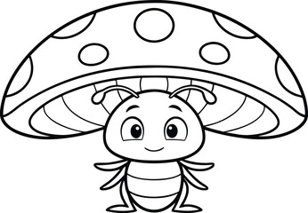 Smiling Cartoon Ant Under Mushroom with Dots, Isolated on Transparent Background