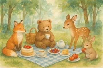 Naklejka premium Watercolor illustration of cute animals having a picnic in a sunny forest