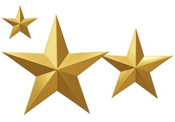 Obraz premium Three golden stars of varying sizes arranged on a plain white background in a simple composition