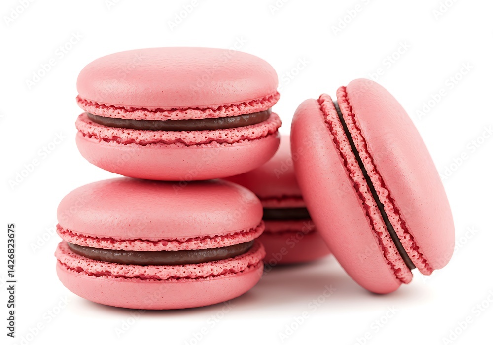 Aufkleber stack of three pink macarons with chocolate filling and one macaron standing on its side view
